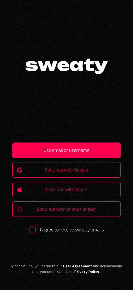 Sweaty HIIT App Sign In Screen